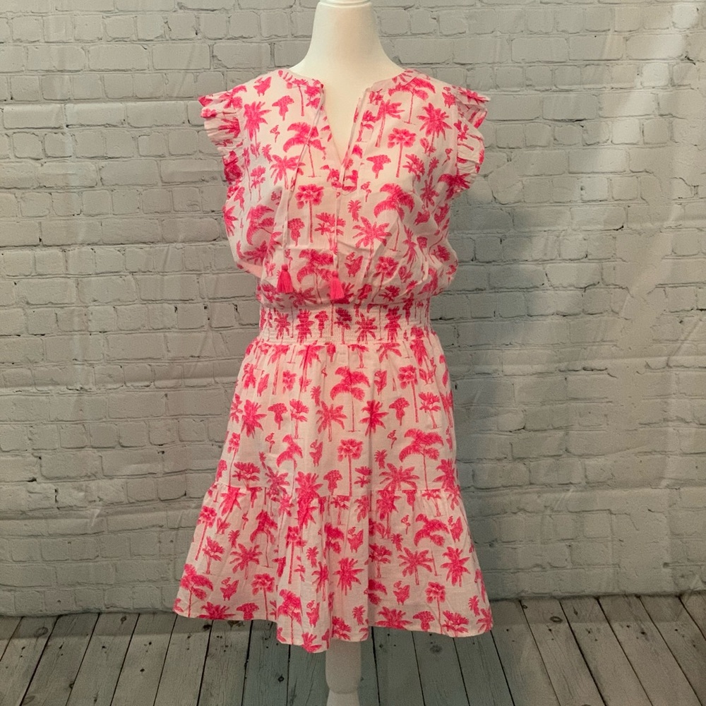 Vineyard Vines Pink Palm Print Ruffle Cap-Sleeve Dress
